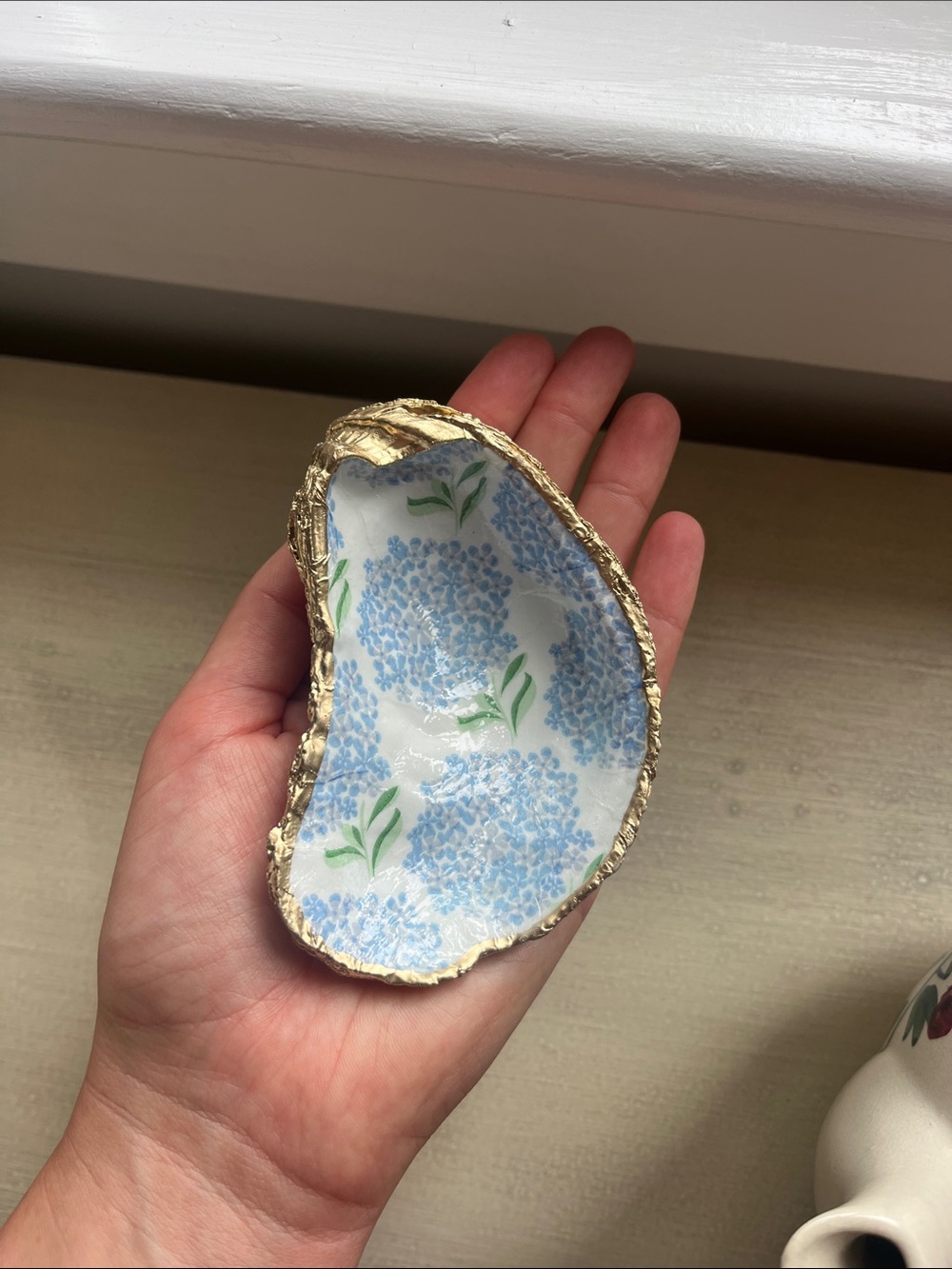 Hand-Painted Hydrange Trinket Dish with Gold Leaf Edge